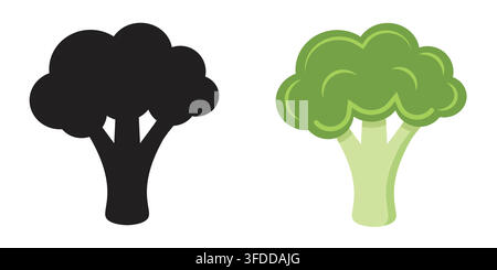 Fresh Green Broccoli and Black Silhouette Vector Illustration Icons Stock Vector