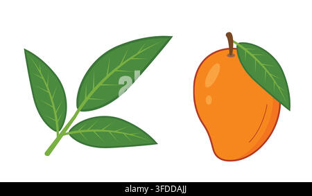 Fresh Ripe Orange Mango Fruit with Green Leaves Vector Illustration Isolated on White Background for Packaging and Graphic Design Projects Stock Vector