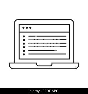 Laptop Computer Line Icon Vector Showing Browser Window with Bulleted List for Web Design, Software Interface, Online Coding, and Digital Document Pre Stock Vector