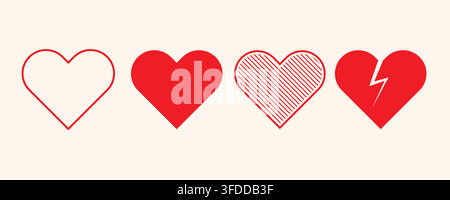 Red Heart Icons Set Including Outline, Solid, Striped, and Broken Heart Vector Illustration Stock Vector