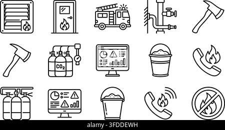 Black thin line fire protection safety equipment icon set on transparent grid background for web designs. Stock Vector
