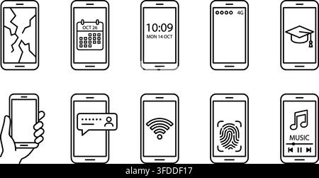 Broken screen and mobile connectivity icons feature black outline designs for various smartphone functionalities. Stock Vector