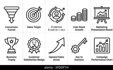 Collection of business and marketing icons including funnel sales target customer retention coin stack and trophy. Stock Vector