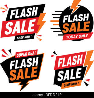 bold flash sale promotion banners with energetic lightning bolts for online shop discounts. Stock Vector