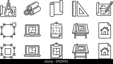 Construction and architecture outline icon set illustrates building planning and real estate development. Stock Vector