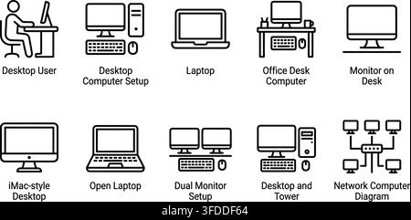 Computer workstation icons set with desktop setups laptop monitors and network diagrams in thin line style. Stock Vector