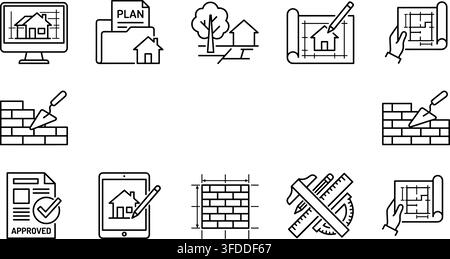 Construction and architecture outline icon set illustrates building planning and real estate development. Stock Vector
