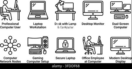 Computer, technology, and networking icons set for business, education, or personal use on transparent background. Stock Vector