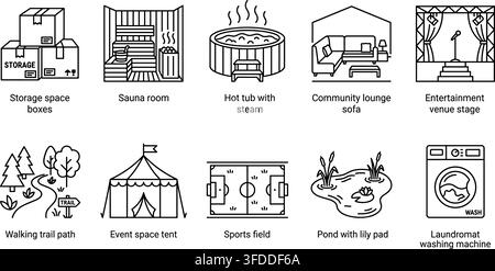 Community amenities outline icons set depicts various facilities and recreational spaces for residents. Stock Vector