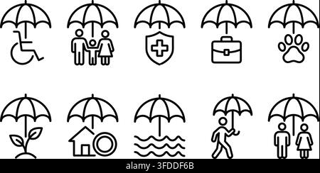 Comprehensive insurance coverage line icons with protective umbrella covering family health and pets. Stock Vector