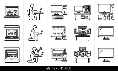 Computer workstation and office equipment icon set in thin line style representing modern digital workspace. Stock Vector