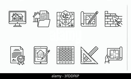 Construction and architecture outline icon set illustrates building planning and real estate development. Stock Vector