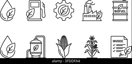 Corn and factory biofuel production black line icons, vector illustration showing sustainable energy sources. Stock Vector