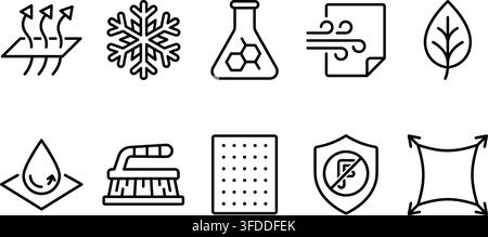 Fabric performance and material properties icon set illustrating breathable cooling and waterproof features. Stock Vector
