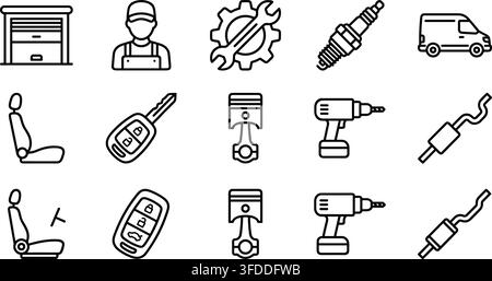 Garage and mechanical engine parts line icons black tools seat piston and drill symbols for vehicle workshop. Stock Vector