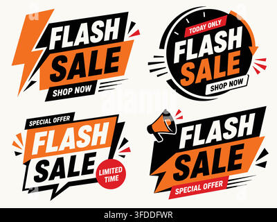 Flash sale black orange shop now button banner vector template, special offer limited time promotion. Stock Vector