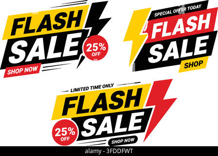 Flash sale banners with lightning bolt symbols and geometric labels for promotional marketing campaigns online. Stock Vector