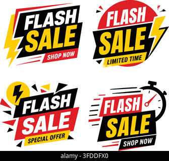 Flash sale promotion labels set in red and yellow colors with lightning bolts for retail discount deals. Stock Vector
