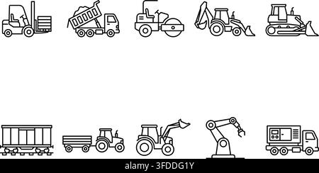 Heavy construction machinery and industrial transport vehicles thin line vector icons collection for building. Stock Vector