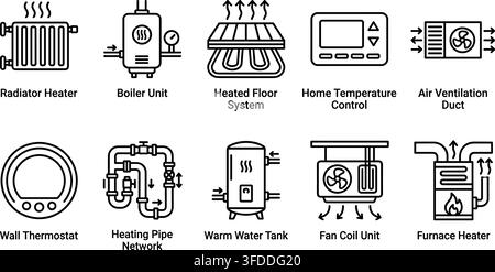 Heating system and home ventilation control icons detailing thermal comfort systems and appliances line art. Stock Vector