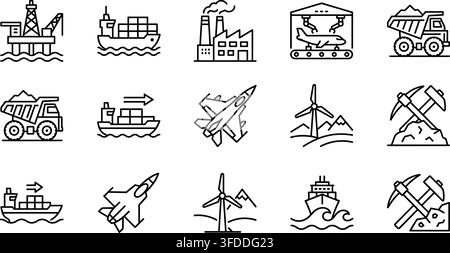 Industrial heavy machinery logistics aircraft and mining tools outline icons for global manufacturing maps. Stock Vector