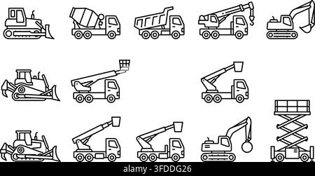 Heavy construction machinery and work vehicles collection showing various industrial equipment line icons. Stock Vector