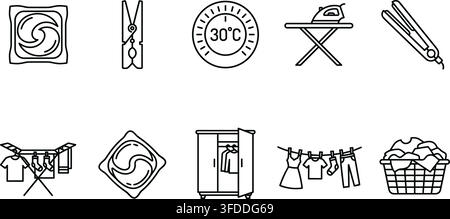 Laundry service line icons set black simple outlines cleaning household objects collection for domestic chores. Stock Vector