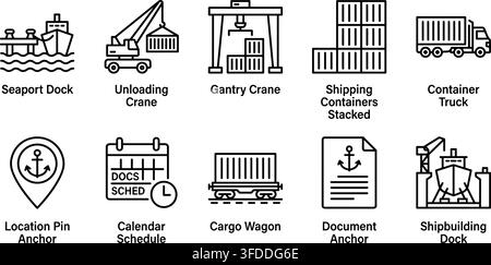 Logistics and shipping port equipment icons featuring cargo cranes and transport containers in outline style. Stock Vector