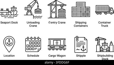 Maritime industry and cargo logistics icons set containing harbor cranes and shipping containers for design. Stock Vector