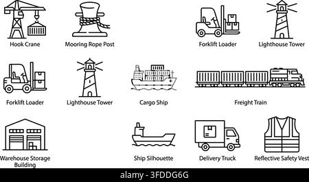 Industrial port and shipping line icons representing maritime logistics and transportation industry. Stock Vector