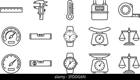 Measurement tools for construction and engineering projects with rulers calipers thermometers and scales. Stock Vector