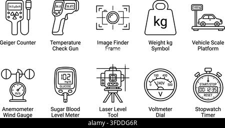 Measuring instrument line icon set featuring geiger counter temperature check gun and weight scale symbol. Stock Vector