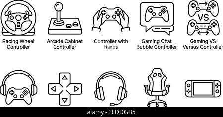 Outline gaming controllers and accessories icons on transparent background for digital design. Stock Vector