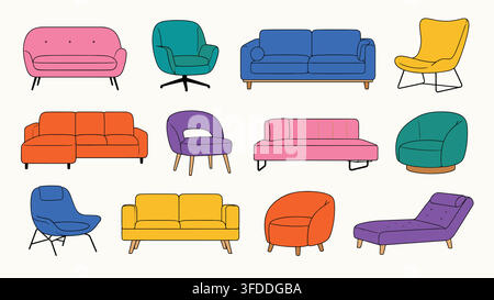 Modern furniture set including various colorful sofas armchairs and chaises for contemporary interior design. Stock Vector