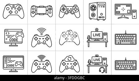 Outline gaming hardware and streaming equipment icons on transparent background for digital content. Stock Vector