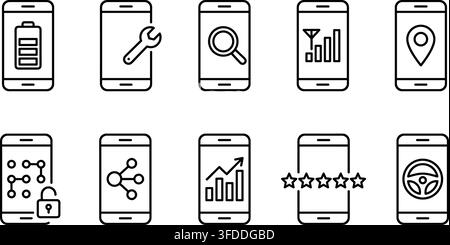Mobile device line icons collection including battery status settings search signal strength and location pin. Stock Vector
