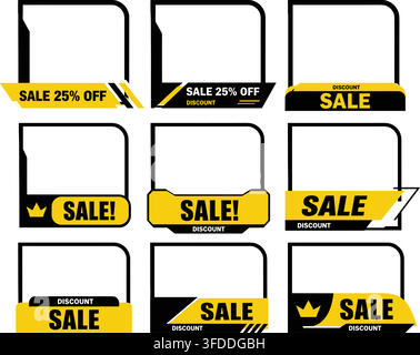 Modern sale promotion frames collection with yellow and black geometric borders for social media marketing. Stock Vector