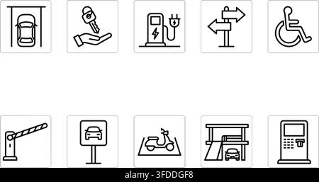 Parking area service line icon set black symbols for garage navigation charging station and vehicle access. Stock Vector