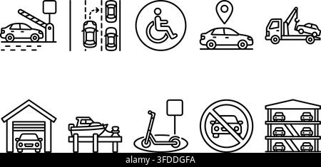 Parking service and automotive transportation icons featuring vehicle symbols and traffic signs in line style. Stock Vector