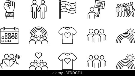 Pride and lgbtq community line icons featuring rainbow flags diversity groups and human rights activism symbols. Stock Vector