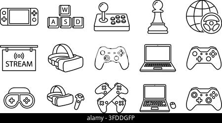Outline gaming peripherals and chess piece icons on transparent background for design projects. Stock Vector