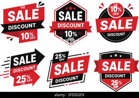 Promo sale stickers collection red and black geometric badges for promotional discounts and marketing campaigns. Stock Vector