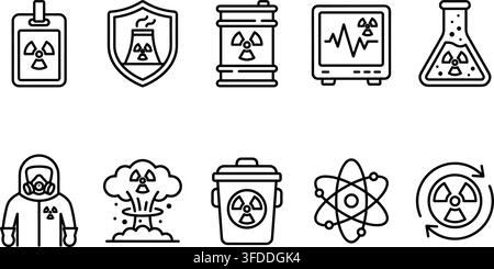 Radiation hazard outline icons set provides protective gear, waste, and scientific symbols for safety. Stock Vector