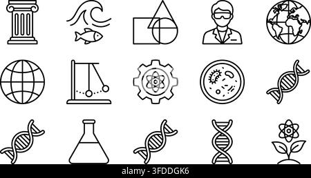 Science and education subjects line icons set, academic knowledge, technology, and biotechnology symbols. Stock Vector