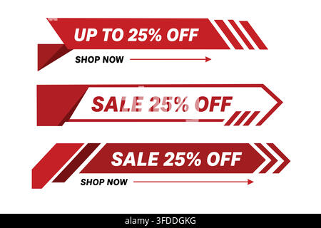 Red discount sale banners collection offers up to 25% off promotions for shop now marketing. Stock Vector