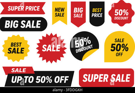 Sale and discount sticker set with big sale best sale 50 percent discount super sale labels and banners. Stock Vector