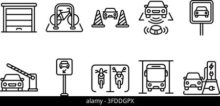 Set of parking area line icons depicting various parking options and related services for vehicles. Stock Vector