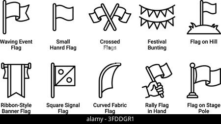 Set of flag line icons, small hand flags, crossed flags, festival bunting, and flag on a hill for events. Stock Vector