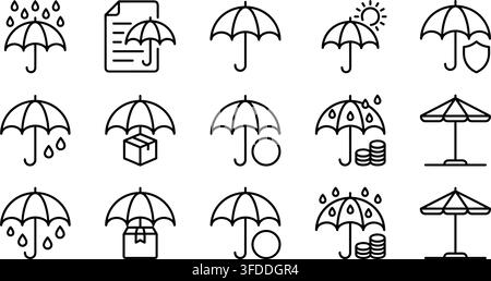 Set of umbrella line icons with water drops, money, and documents, concept for weather and insurance. Stock Vector