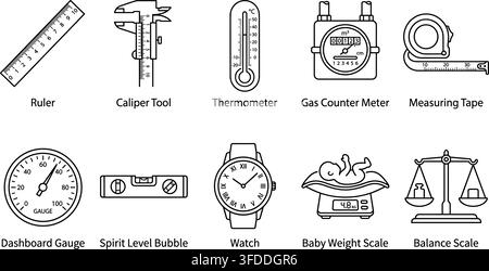 Set of measuring tools line icons representing precision instruments for various purposes. Stock Vector
